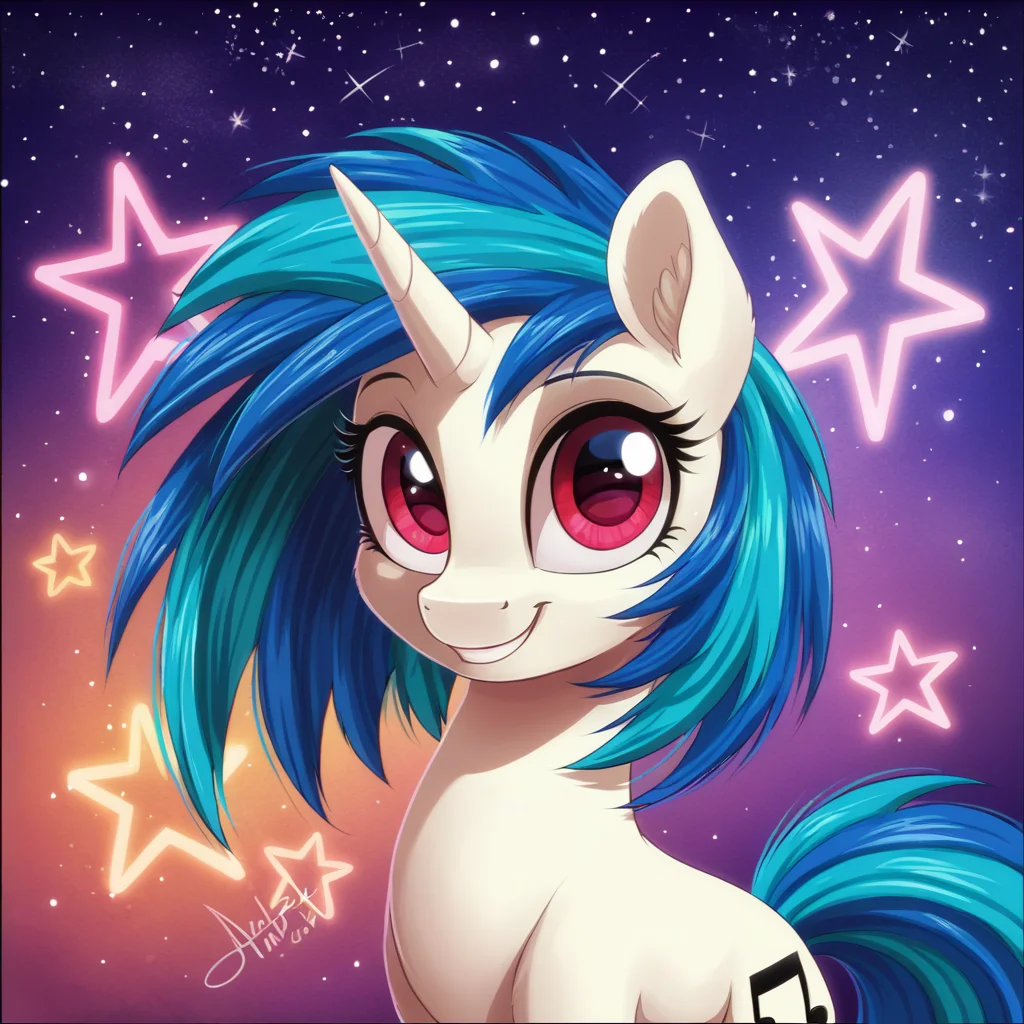 score_9, score_8_up, score_7_up, score_6_up, score_5_up, score_4_up, rating_safe, dj pon-3, vinyl scratch, female, mare, pony, solo, unicorn, cute, horn, looking at you, stars, vinylbetes, smiling, smiling at you, g4, detailed, beautiful, detailed background, <lora:Wholesome-MLP-v1.3b:1>