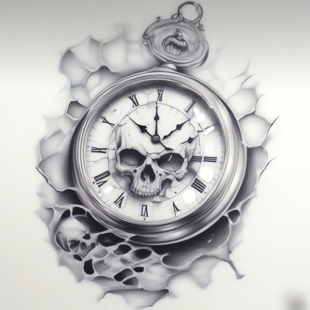 A pocket watch in a skull, broken glass, proto_tat, evang, tattoo_style