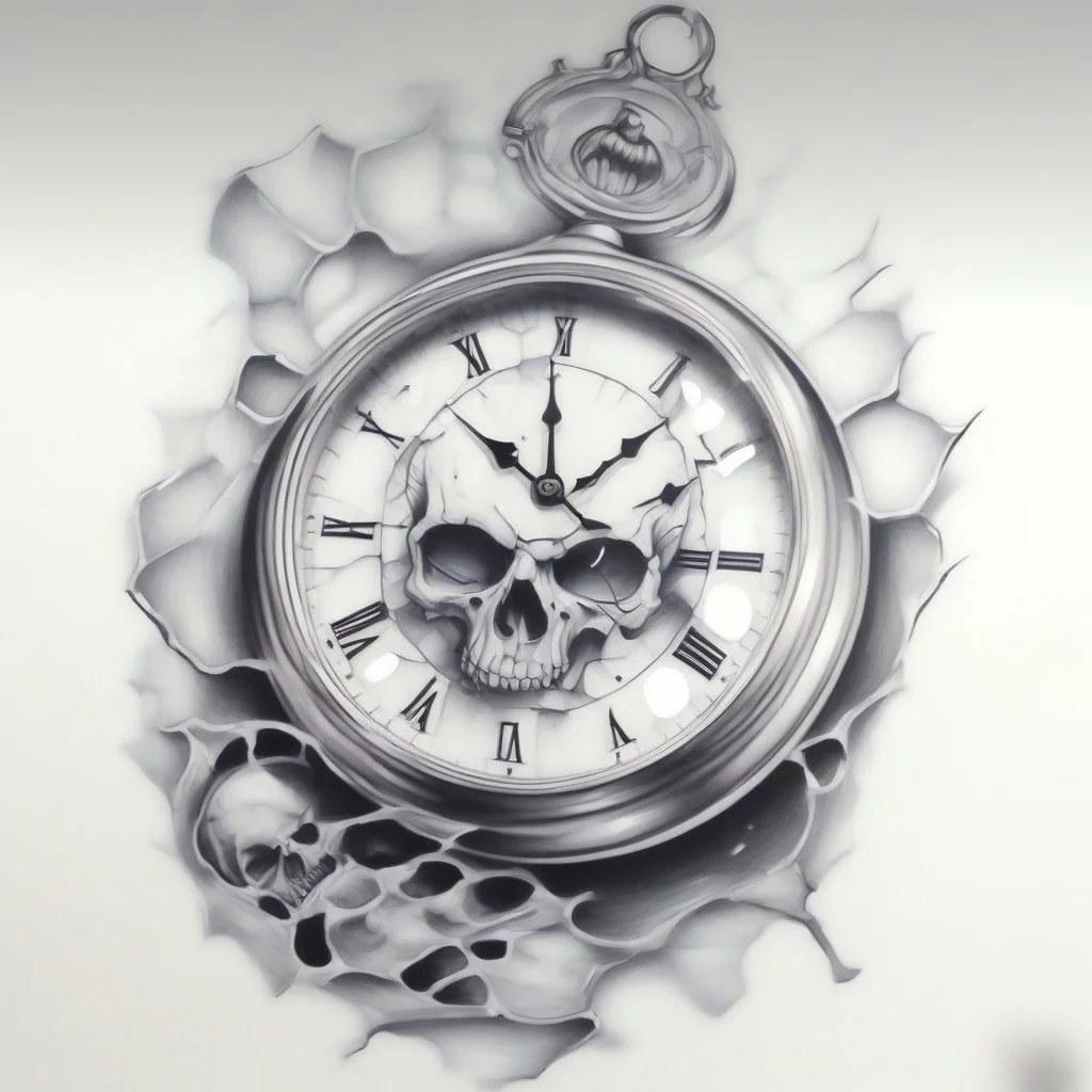 A pocket watch in a skull, broken glass, proto_tat, evang, tattoo_style