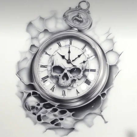 A pocket watch in a skull, broken glass, proto_tat, evang, tattoo_style
