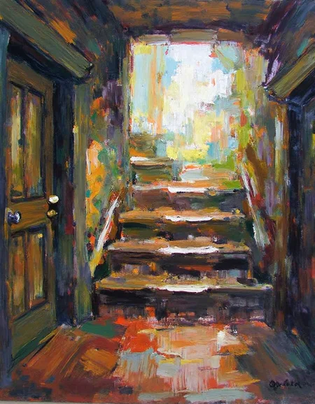 ssf_4bstr4ct painting of an view down an old wooden staircase, rough paint with expressive brushstrokes