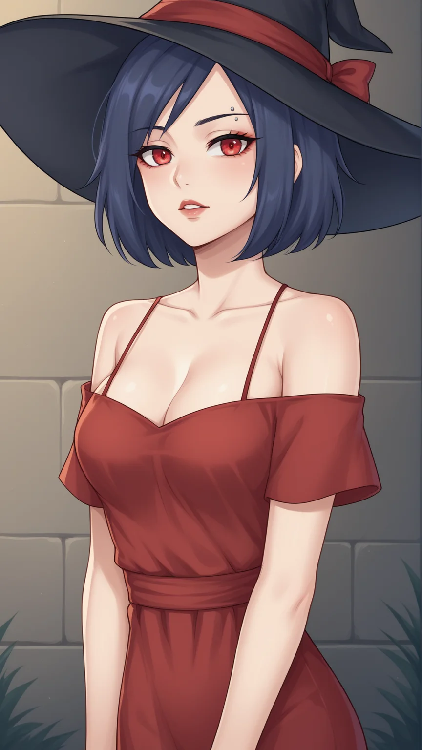 score_9, score_8_up, score_7_up, BREAK source_anime, best quality, masterpiece, ultra detailed,
<lora:Everlasting_Summer_Kristina_V2_by_GraffMetal:0.5>, <lora:Everlasting_Summer_Kristina_sprites_version_by_GraffMetal:0.3>, kristina, red eyes, blue hair, short hair, medium breasts, 1girl, solo, eyebrow piercing,
black eyeliner cat eye, piink lips, black short nails,
lipstick, looking at the viewer, parted lips, red eyeshadow, red dress, half closed eyes, off shoulder, spaghetti string, witch hat
amazing background,
