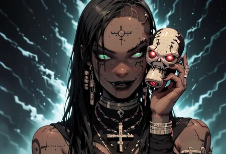 score_9, score_8_up, score_7_up, 1girl, solo, medium breasts, voodoo priestess clothes, dark eye shadow, eyeliner, black lipstick, long dreadlocks undercut, smirk, black hair, muscular, pale skin, wide hips, sitting cross-legged,
...
((she holds one voodoo doll in her hand and dagger in the other hand, glowing voodoo dolls,)) jewelry, magic circle, necklace, tribal background, hyperrealistic, ultra-detailed, intricate ritualistic attire adorned with meticulously crafted skulls and bones, glowing vibrant tribal symbols with intricate patterns, ethereal smoke swirling in iridescent colors, ambient and dramatic lighting highlighting face with intricate details, eerie and enchanting, powerful, enigmatic,
...
green eyes, perfecteyes, sinozick style, dark theme, g4n1m3, hand, black skin, black lips, very dark skin, ebony, aiebonyskin, voopri, bioluminescent, glowing,
...
<lora:PerfectEyesXL:1>, <lora:Sinozick_Style_XL_Pony:0.8>, <lora:g4n1m3XLP:0.8>, <lora:detailed_hands:1>, <lora:25dcartoonv2.hdtq:0.6>, <lora:Ebony_Pony_XL:1>, <lora:VoodooPriestess:1>, <lora:Bio-Luminescence:1>