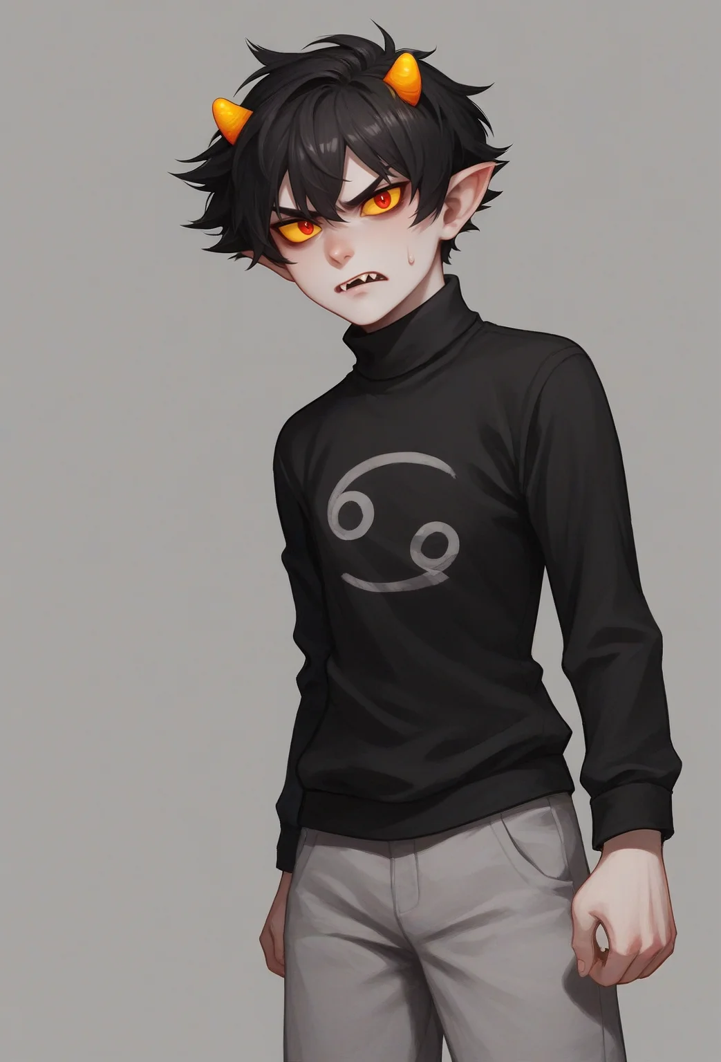 , score_9, score_8_up, score_7_up, masterpiece, , line art, portrait, anime,, detailed, <lora:Expressive_H:0.45> Expressiveh, looking at viewer, annoyed, frustrated, <lora:Karkat_vantas:0.8>, black hair, short hair, horns, gray skin, colored skin, yellow sclera, red eyes pointy ears, gray pants, sweatpants, turtleneck, black sweater, grunt, fangs, cancer \(symbol\) on sweater ,