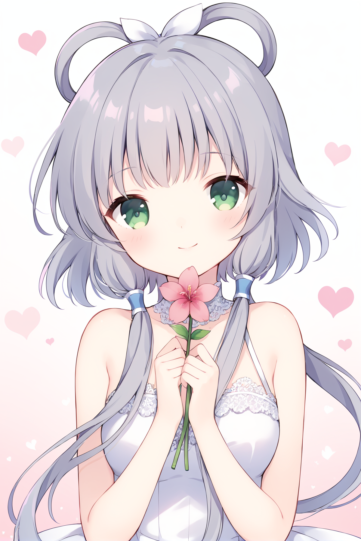 CHII,1girl,solo,flower,holding,holding flower,light smile,lace,upper body,dress,bangs,looking at viewer,bare shoulders,smile,sleeveless,white dress,lace trim,pink flower,own hands together,closed mouth, hearts, <lora:Chobits_XL:0.7>,green eyes, grey hair, hair ornament, hair rings, short hair with long locks, hair tubes, <lora:luotianyi_xl:0.8>