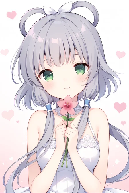 CHII,1girl,solo,flower,holding,holding flower,light smile,lace,upper body,dress,bangs,looking at viewer,bare shoulders,smile,sleeveless,white dress,lace trim,pink flower,own hands together,closed mouth, hearts, <lora:Chobits_XL:0.7>,green eyes, grey hair, hair ornament, hair rings, short hair with long locks, hair tubes, <lora:luotianyi_xl:0.8>