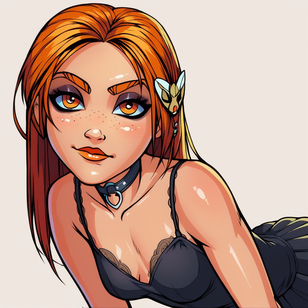 score_9, score_8_up, score_7_up, score_6_up, score_5_up, vibrant colors, BREAK, 1girl, detailed face, GINNYSISERG, ginny weasley, skinny, redhead, orange eyes, goth, gothic, black dress with patterns, lace stockings