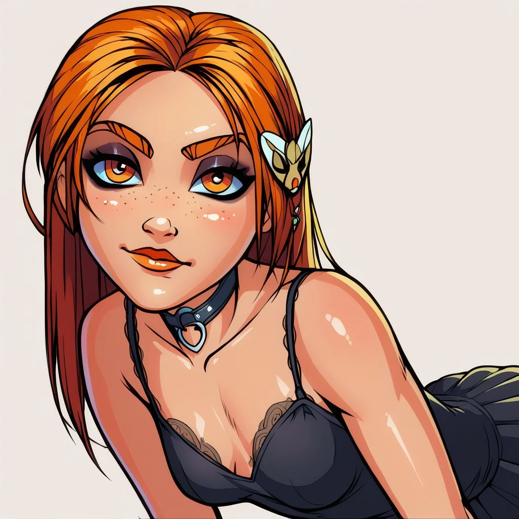 score_9, score_8_up, score_7_up, score_6_up, score_5_up, vibrant colors, BREAK, 1girl, detailed face, GINNYSISERG, ginny weasley, skinny, redhead, orange eyes, goth, gothic, black dress with patterns, lace stockings