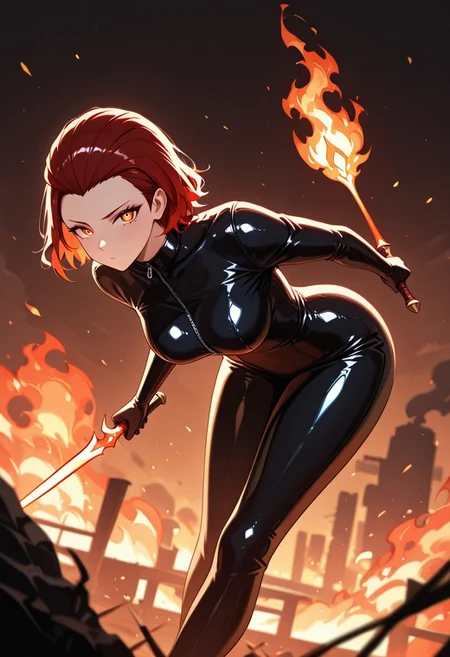 masterpiece, best quality, good quality, very aesthetic, absurdres, newest, 8K, depth of field, in the style of cknc, artist:moriimee, in the style of cksc,
1girl, short red hair, slicked back, amber eyes, medium breasts, perky, leather catsuit, fiery dagger, glossy skin, sneaking forward, looking at viewer, from side
BREAK
burning city, smoke rising, embers falling
BREAK
dynamic light, red tones, high contrast, fiery glow, rich details, tense atmosphere