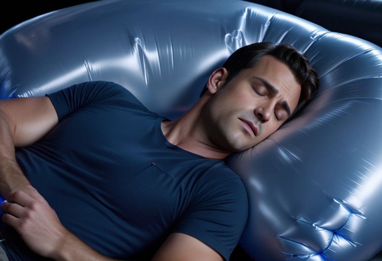uhd, 8k, ultra detailed, 1man, lying down to sleep, InflatableAirbag, darker, lights off