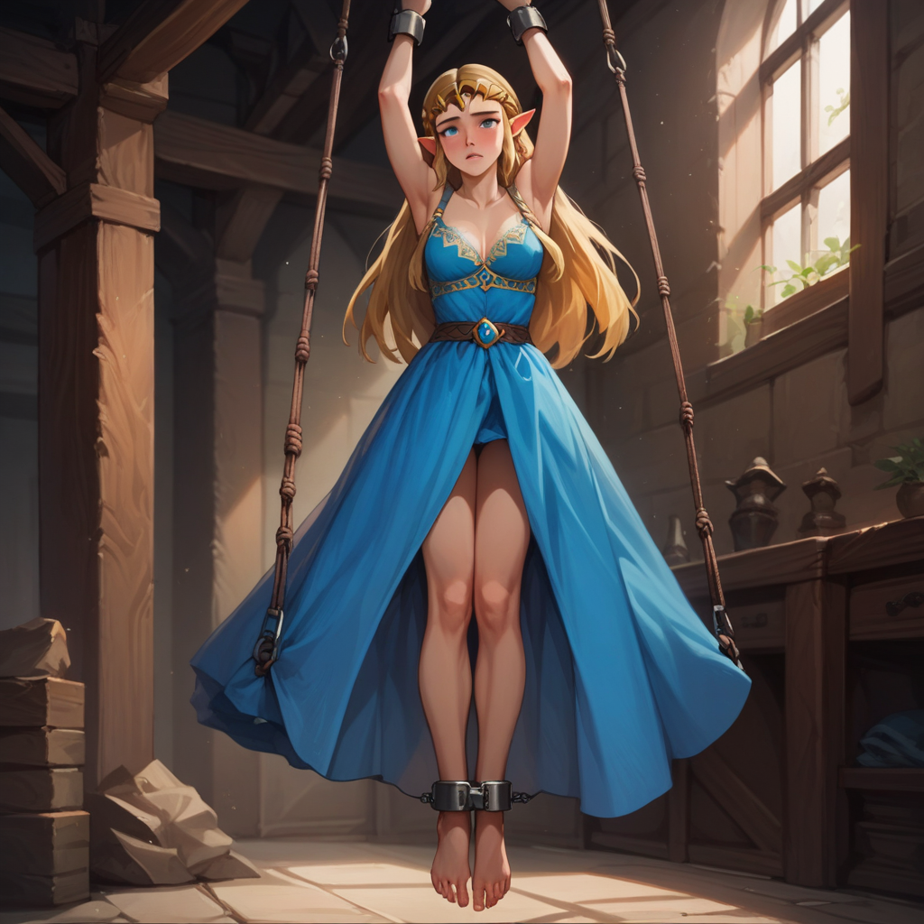 source_anime, colorful, score_9, score_8_up, score_8, (masterpiece), hanging_suspension, BREAK, 1girl, Princess Zelda, blue dress, breasts covered, lace bra, 1woman, bondage, bdsm, suspension, standing, arms_up, cuffs, bound_wrists, upright_restraints, tiptoes, feet_dangling