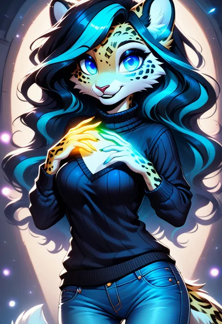 digital_media_(artwork) hi_res, score_9, score_8_up, score_7_up, score_6_up, score_5_up, score_4_up, rating_safe, beautiful, intricate, high quality details, highly detailed, anthro, furry, female, detailed textured fur, fur tufts, fluffy, slim, slender, cute, sweater, baggy denim jeans, detailed sexy eyes, coy smile, solo, SFW, leopard, long hair, multicolored hair, streaked hair, absurdres, highres, goth, heavy eyeliner, heavy eye shadow, breasts, gaming, glowing hair, glowing spots,