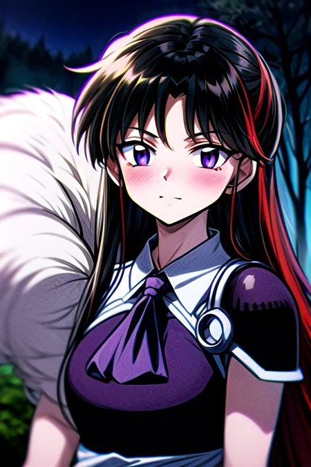 masterpiece, best quality 1girl Setsun4 solo long hair, (night time) forest background black hair very long hair purple eyes multicolored hair armor (fur trim) (medium body),<lora:EMS-179-EMS:0.800000>,<lora:EMS-293862-EMS:0.800000> bow, hair_bow, hair_tubes, red_bow, brown_hair, long_hair, bangs, ascot, frilled_bow, yellow_ascot, blush, smile, hair_between_eyes, athletic, armor, miko