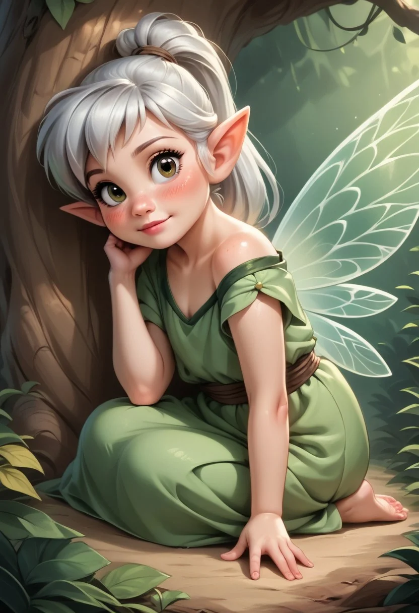 masterpiece, 8k, perfect ligthing, , child, 1girl, female, looking at viewer, cinematic lighting, Fawn, young face, (FawnWaifu:1.1), single ponytail, extra long ponytail, dress, (extra long white fairy wings), long wings, brown green clothes, clothes made from leaves, silver hair, pointy ears, (detailled eyes), shrunken, lying on side, lying on ground, blush, pixiedust, jungle, treehouse, <lora:FawnTinkerbellDisney-08:0.6> <lora:realisticGlossyFaceSkin_rseromanticRsesofiko:0.3><hypernet:empty:0.5>