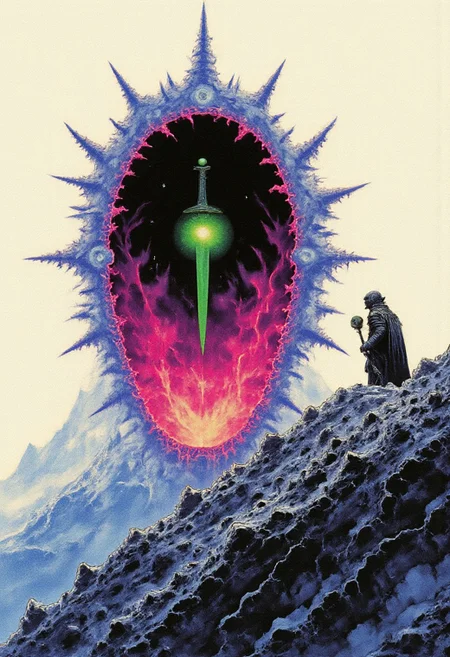 A comic-style depiction of a glitchy, neon-lit portal with erratic, jagged edges emitting vibrant, distorted pixel effects. The portal is set against a plain white wall perched at the very edge of a crumbling cliff, with a vast void below. Bosstyle, INVISIBLE WORLD <-- Green dagger lodged inside