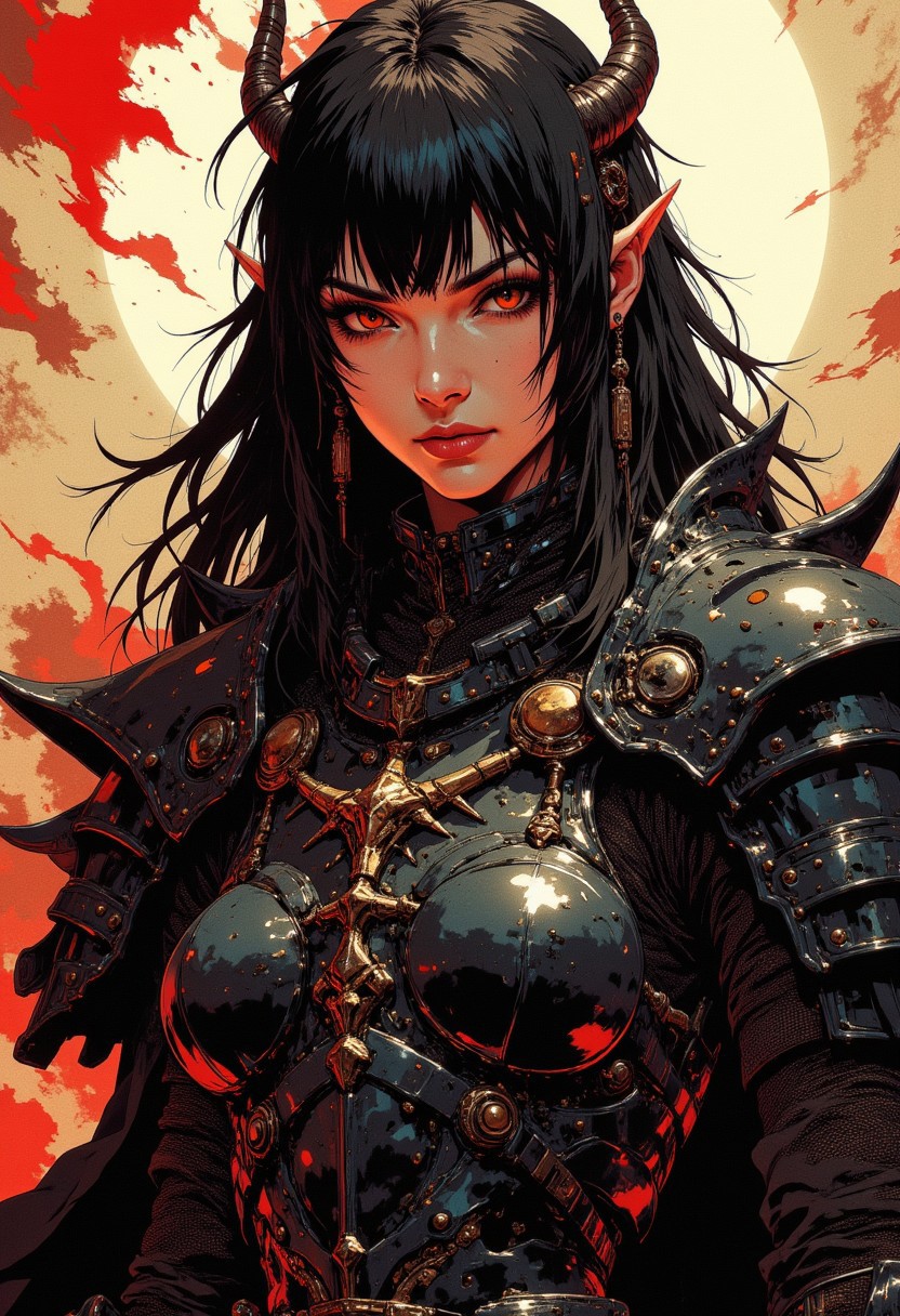CAICO, Silhouette Art, breathtaking detailed, masterpiece, awe-inspiring, radiant, magnificent. stunning oriental female hellknight, small demon horns, long black hair, bangs, dark eyeshadow, red lips, direct eye contact, spiked black reflective armour