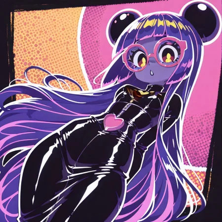 lazypos, character focused, fashionable anime girl, pink rim glasses, long flowing hair, yellow cyan streaks, black corset dress, heart-shaped belt, playful pose, dutch angle, halftone background, orange blue contrast, crosshatched halftones, bold graphic shapes, neon pink lighting, glossy anime eyes, soft fabric texture, colored line art, cel shaded style, kaikoistyle