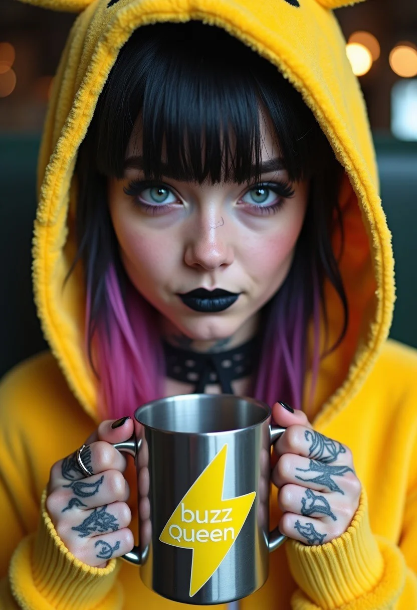 A high-definition photo of a beautiful 20yo goth girl, wearing Pikachu onesie, holding coffee mug. The girl has black hair with pink and purple highlights, framing her beautiful face. Her stunning blue eyes are accentuated by her black eyeshadow. Her lipstick is black and metallic purple. She has visible, vivid, intricate tattoos. The large steel mug bares a yellow lightning bolt logo with 'Buzz Queen' in large letters.
8k detail