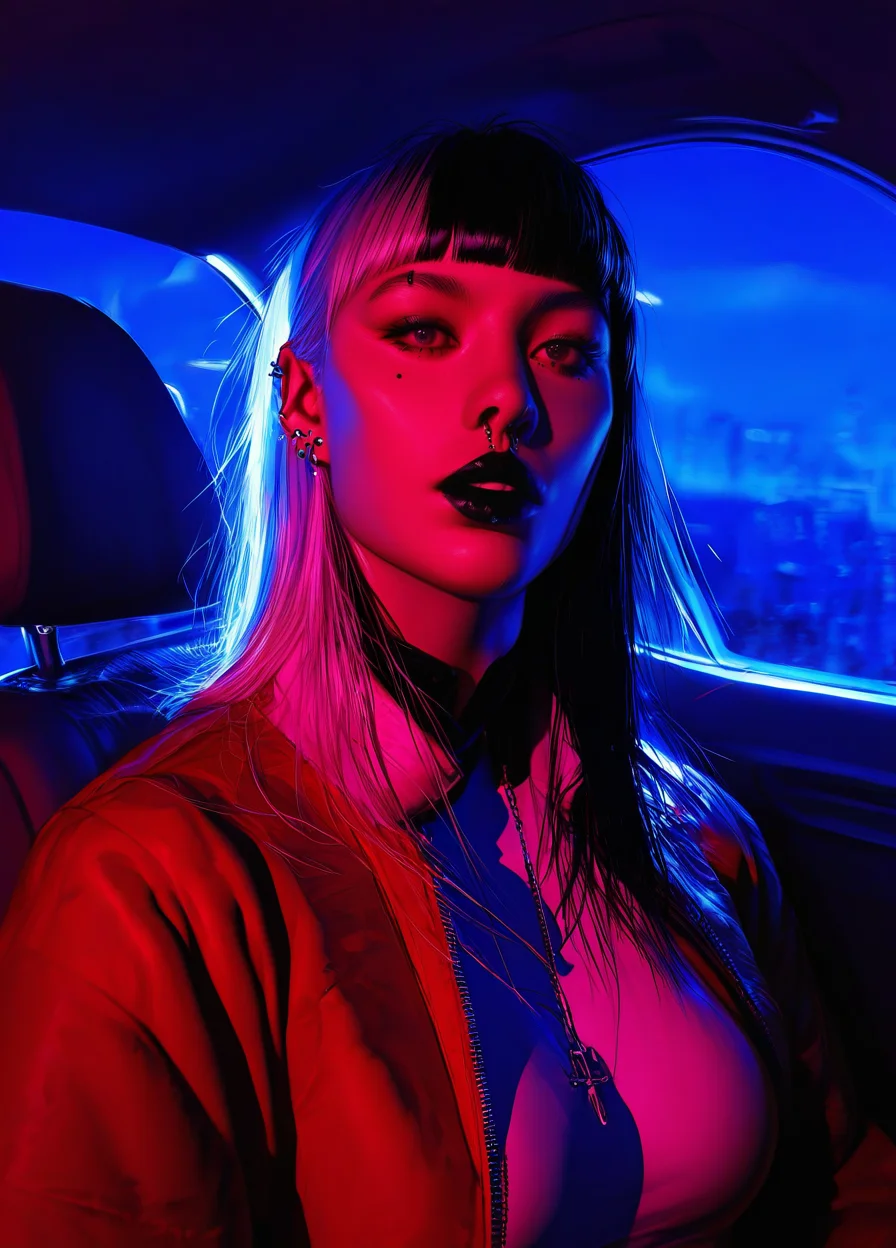 realistic,
masterpiece, best quality, amazing quality, highres, absurdres, very aesthetic, very awa,expert shading, ultra detailed, UHD, 8K,
BREAK,
(N3onSp3ctra:1.1),realism, 1girl, shoulder length hair, multi color hair, orange soft diffused lighting, piercing, jacket, solo, jewelry, car interior, long bangs, asymmetric bangs, black lips, white top, red jacket, cyberpunk, realism <lora:NeonSpectra-000006:0.75>