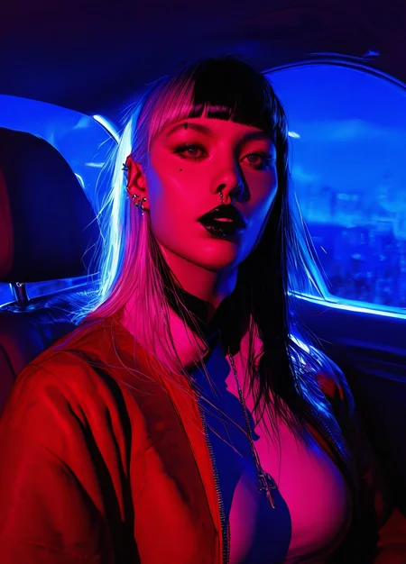 realistic,
masterpiece, best quality, amazing quality, highres, absurdres, very aesthetic, very awa,expert shading, ultra detailed, UHD, 8K,
BREAK,
(N3onSp3ctra:1.1),realism, 1girl, shoulder length hair, multi color hair, orange soft diffused lighting, piercing, jacket, solo, jewelry, car interior, long bangs, asymmetric bangs, black lips, white top, red jacket, cyberpunk, realism <lora:NeonSpectra-000006:0.75>