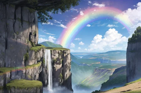 scenery, landscape, valley, cliff, waterfall, rainbow