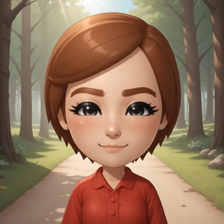 score_9, score_8, BREAK, solo, mii, wii, wii sports, 1girl, female mii, cute, auburn hair, auburn eyebrows, black eyes, blush, red clothing, white pants, shoes, small breasts, Susie_(Wii_Sports), Nintendo Mii, modern_mii, classic_mii, sexy pose, smile, outdoors, sunlight, shadows, evening lighting, natural lighting, forest, trees, grass, orange sky, sunset