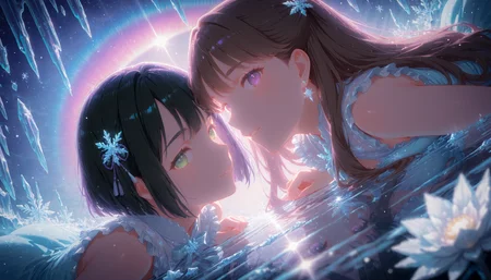 2girls, ((fujishima megumi, long hair,purple eyes):1.5), medium breasts, and ((momose ginko, short hair, green eyes):1.5), (smile,half-closed eyes,parted lips), medium breasts, BREAK (lying on ground,seductive pose,side-by-side), (magical:1.2), QUALITY (best quality, absurdres, masterpiece), wearing sleeveless blue dress, fur-trimmed capelet, bow, snowflake print, layered dress, satin, frills, snowflake hair ornament, pearl earrings, BREAK at winter, inside glacier cave, frozen lake, reflection, snowflake, ice crystal, stalactites, ice curtains, (multicolored_background:1.5), crystal lotus flowers, icicles, rainbow ice bubbles, BREAK (crystal theme:1.2), dark, glowing, dramatic lighting ,depth of field, bokeh,blurry background, (blurry foreground:1.4), (lens flare:1.3), sparkle, (refraction:1.2), (from side,close-up), (dutch angle|fisheye:1.4), (rainbow highlight:1.3), <lora:illustrious_quality_modifiers_masterpieces_v1:0.25>, <lora:Dramatic Lighting SliderIL:2.5>, <lora:DarkSlider1.2_alpha1.0_rank16_full_300steps_illustrious:-0.75>, <lora:EnvyZoomSliderXL01:2.5>, <lora:outline_xl_end:-6>,  <lora:colorful_sdxl_v2_lbw:1>, <lora:DynamicPoseIL2att_alpha1.0_rank4_noxattn_900steps:1>,  <lora:illustrious_all_rated_v1:0.15>, <lora:StS-Illustrious-Detail-Slider-v1.0:1>, <lora:hasunosora_pony:0.75>,