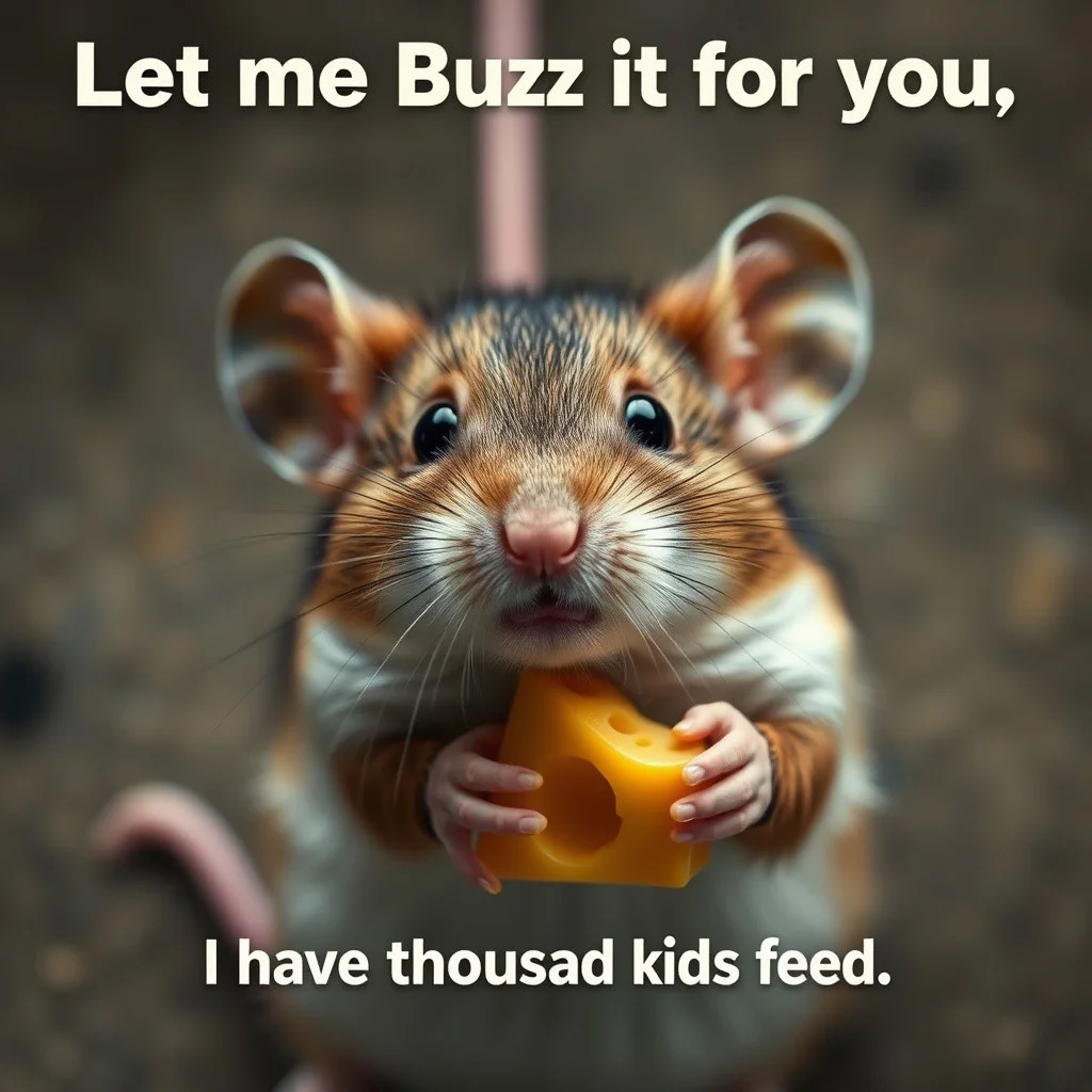 View from above, realistic, detailed fur, mouse looking up, begging eyes, extremely cute, the most cute mouse in the universe, meme mouse, ‘Let me Buzz it for you', the mouse is beginning for more Buzz, he's holding a piece of cheese written: I have thousand kids to feed.
(Focus on text),