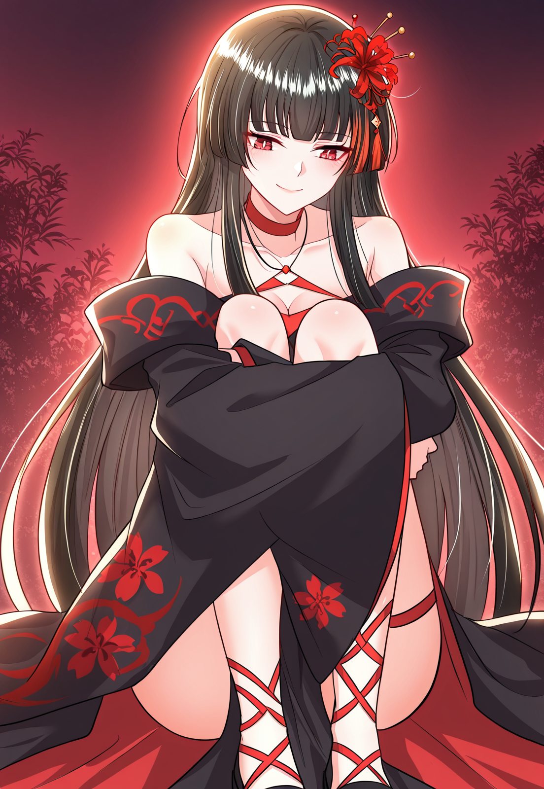 <lora:It_Starts_With_The_Confession_To_The_Beauty_Master__Xie_Ji:1>
1 girl, solo, long hair, straight hair, black hair, red eyes, full fringe,red flower hair ornament, tassel hairpin, 
black and red kimono dress, sleeveless, dedached sleeves, wide sleeves, bare sholders, collarbone, cleavage, high slit, red belt sash, floral patterns, criss-cross straps, 
red lace-up sandals, thigh strap, leg wraps,
score_9, score_8_up, score_7_up, very aesthetic, source_anime, detailed, high quality, beautiful, detailed eyes, masterpiece, best quality, absurdres, perfect anatomy, 1girl, solo, hugging your own legs, sitting, garden background, charming smile, night