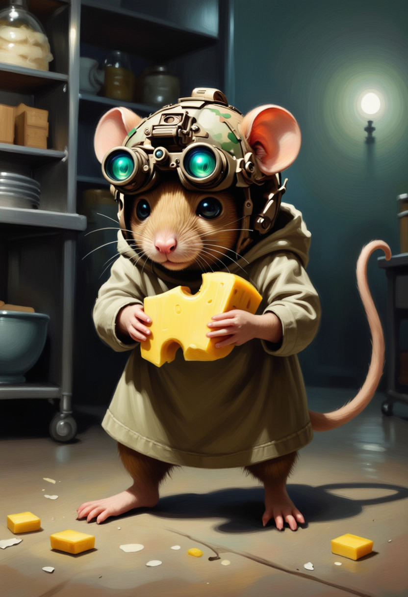an oil painting of a mouse wearing a modern military helmet equipped with night vision goggles The helmet has a camouflage pattern night vision two tubes with green lenses above its eyeline, carrying a cheese wedge in his arms, sneaking away on restaurant kitchen floor at night, the lighting is dim as the lights are turned off as the kitchen is closed after hours, the mouse has a stance that implies he is sneaking and trying not to be seen or heard