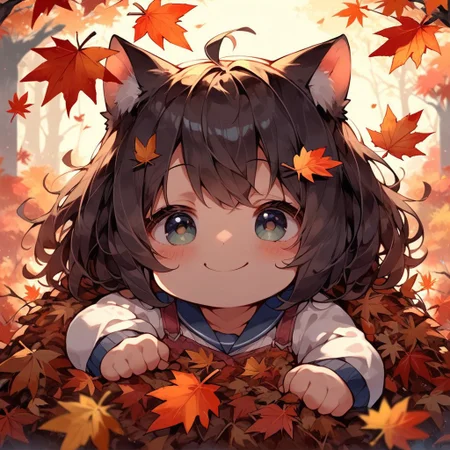 score_9, score_8_up, score_7_up, source_anime, 1girl,(ultra HD quality details), anime, cute cat girl, hiding in a pile of autumn leaves, giant pile of leaves, playing in a pile of leaves, mischievous, smug expression, (detailed image, high resolution, 5k resolution:1.0), Expressiveh, warm lighting