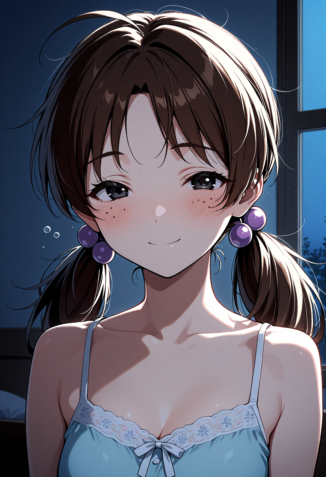 masterpiece, best quality, 1girl, solo, hikarihoraki, brown hair, twintails, freckles, hair bobbles, long hair, pajamas, camisole, bare shoulders, portrait, indoors, black eyes, morning hair, sleepy, ahoge, messy hair, dark, shadow, night, looking at viewer, blush, closed mouth, smile, medium breasts