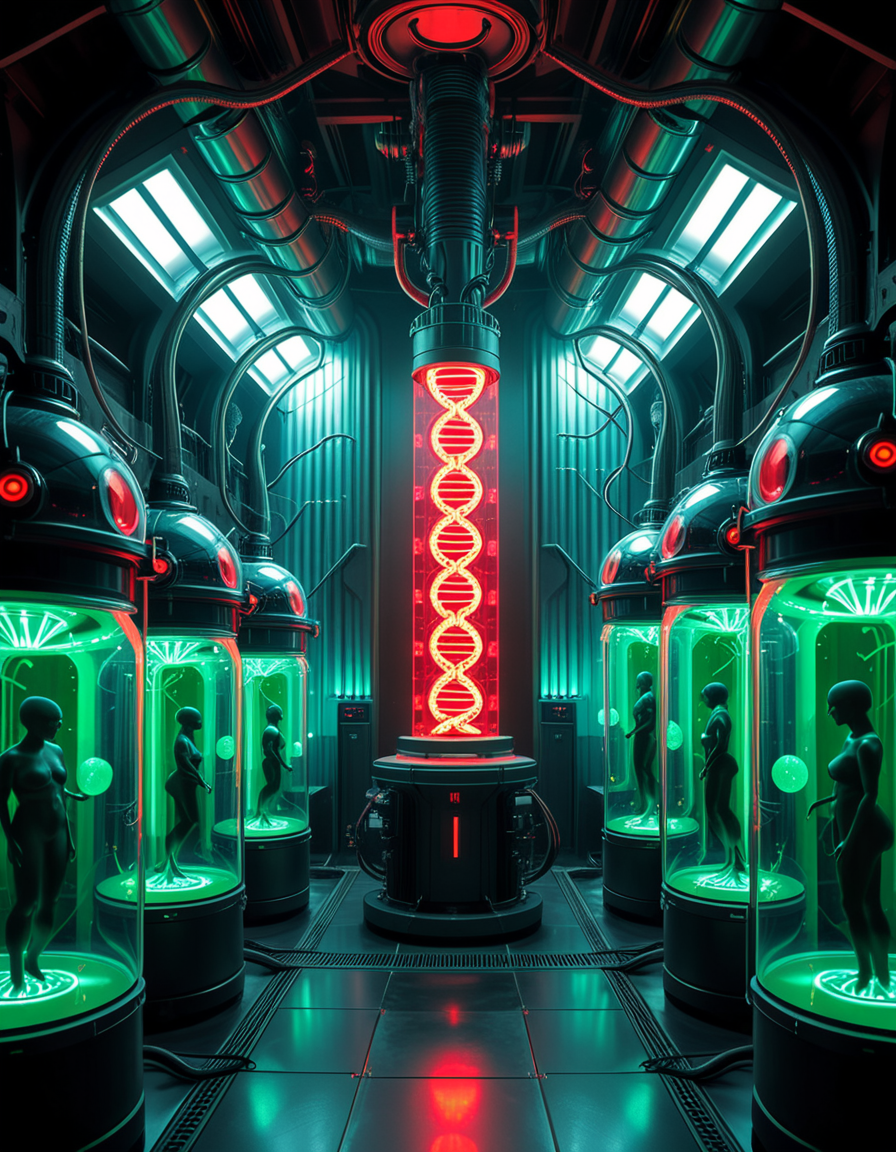 A dark, futuristic cloning laboratory infused with biomechanical horror, inspired by the art of H.R. Giger. The environment is a fusion of cold, industrial metal and pulsating organic structures, where walls seem alive, breathing with a rhythmic pulse of dark energy. The entire facility feels like a fusion of machine and flesh, an eerie cathedral of synthetic life.
At the center of the lab, massive transparent incubation pods line the walls, each filled with a thick, greenish amniotic fluid. Inside, half-formed clones float in various stages of developmentâsome eerily human, others distorted by biomechanical mutations. Tubes and organic cables snake from the ceiling, injecting raw genetic material into the growing bodies, merging artificial and organic components.
A colossal central machine, resembling a fusion of an ancient altar and a high-tech processor, serves as the core of the cloning process. DNA strands, displayed as holographic symbols in glowing red and neon green, shift and mutate in real-time, manipulated by unseen algorithms. Mechanical arms, covered in organic textures, extract samples from fluid-filled glass canisters, feeding the system with raw genetic material.
The dim lighting casts elongated shadows across the ribbed metallic floor, illuminated only by the sickly glow of bio-luminescent veins coursing through the walls. A constant hum of machinery, mixed with the faint sound of heartbeat-like pulsations, fills the air, creating an overwhelming sense of unnatural life in the making.
This is not just a cloning facilityâit is a factory of engineered existence, where the line between science and the grotesque unknown has been erased, birthing life that was never meant to be
<lora:SDXLFaeTastic2400:0.4> <lora:extremely_detailed:0.4> extremely detailed, <lora:futuristic_cloning_l4b0r4t0ry:1>,futuristic cloning l4b0r4t0ry, Masterpiece,best quality,hi res,8k,hi res,8k,award winning,(sharp focus, intricate, highly detailed),