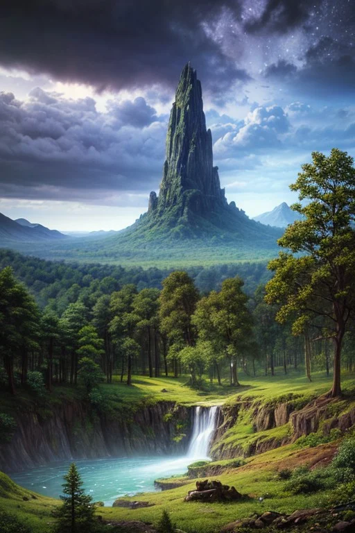 Surreal oil painting,
fantasy forest,
an expansive ancient forest, featuring towering oaks, diverse wildlife, a variety of flora, and a feeling of grandeur,forest lake,waterfalls,
glowwave,
dawn,
thunderstorm, and many small clouds, and slightly cloudy,,,