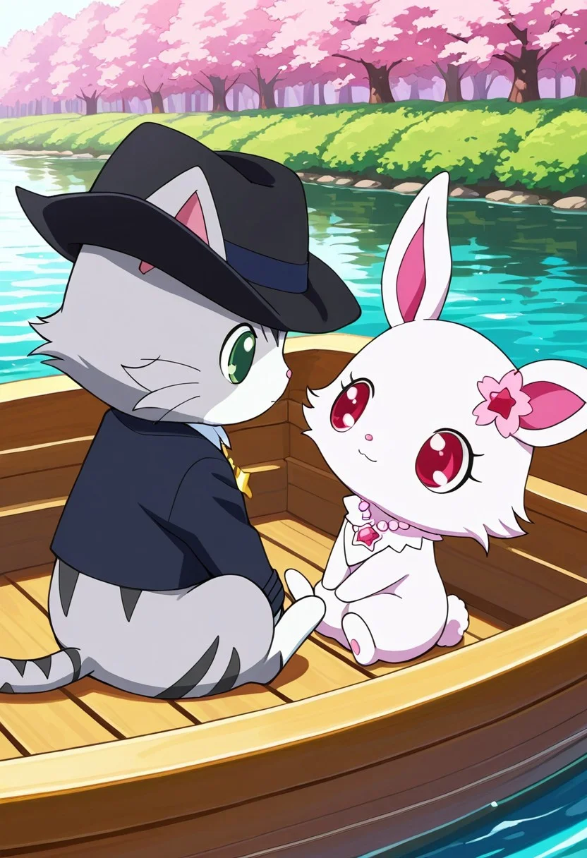 masterpiece,best quality, score_10, score_9_up, score_8_up, detail, a couple, two characters, 1boy1girl, Hetero, furry, feral, jewelpet, sitting on a boat, looking at another, looking at each other, boating, river, scenic, romantic, from the side
(tour: boy, gray fur, green eyes, star necklace, cat, black hat)
(ru6y: girl, white fur, red eyes, rabbit)