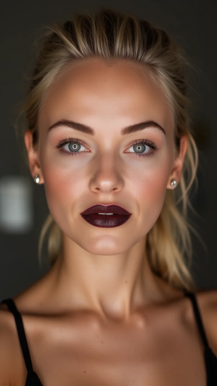 The image is a high-resolution photograph of a young woman with a striking, confident gaze. She has light, smooth skin with a scattering of freckles across her cheeks and nose, giving her a youthful, natural look. Her hair is blonde and styled in a sleek, pulled-back manner, suggesting a modern, polished appearance. She has well-groomed, thick, dark eyebrows and is wearing a bold, dark lipstick that adds to her strong, poised demeanor. , aidmaRealisticPeoplePhotograph