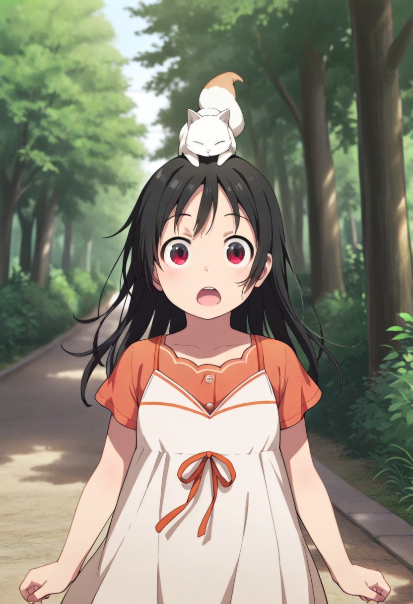 masterpiece,best quality,amazing quality, fushimi inari, black hair, red eyes, long hair, 1girl, animal on head, solo, on head, open mouth, dress, cat, outdoors, tree, cat on head, animal,  looking at viewer