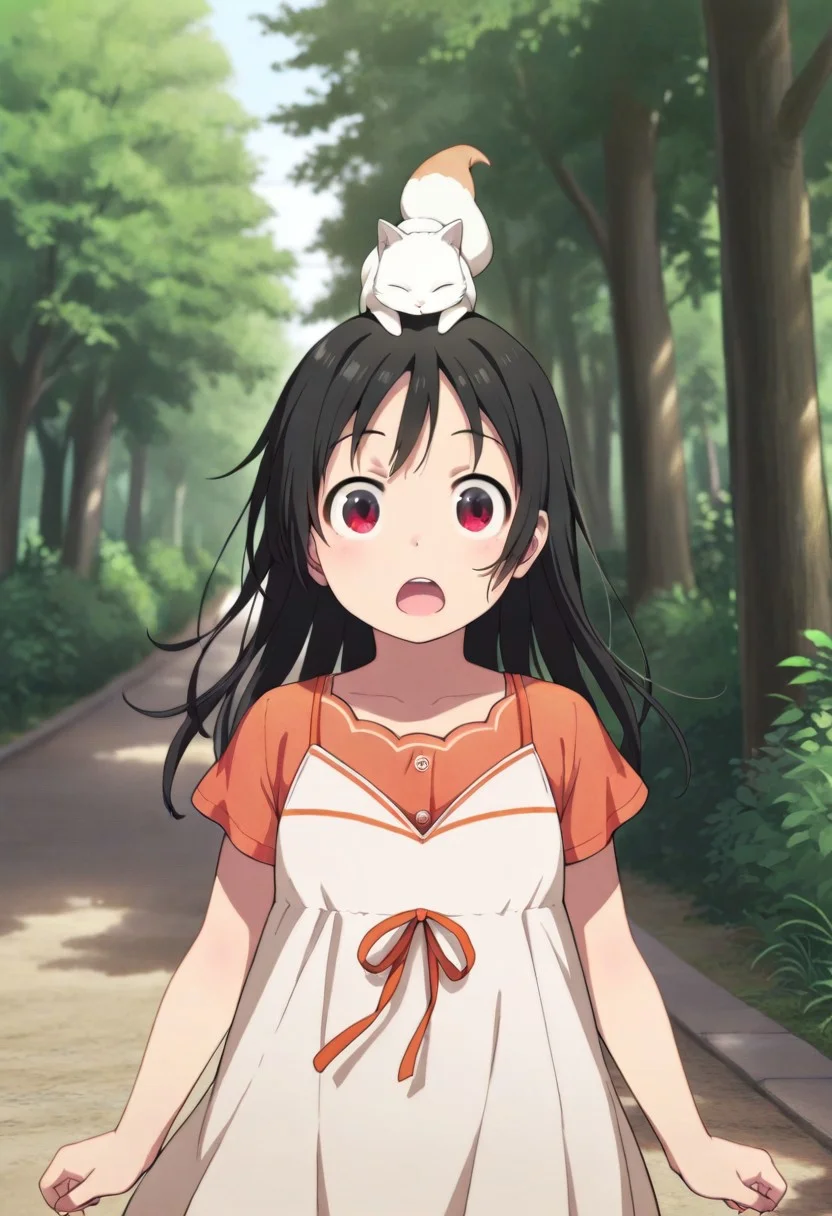 masterpiece,best quality,amazing quality, fushimi inari, black hair, red eyes, long hair, 1girl, animal on head, solo, on head, open mouth, dress, cat, outdoors, tree, cat on head, animal, looking at viewer