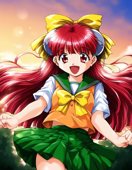 score_9, score_8_up, score_7_up, source_anime, rating_explicit, BREAK <lora:Nanako_RISE_XL:1>ãNanako_RISE, long hair, red hair, red eyes, bangs, hair bow, headgear, yellow bow, solo,
Yellow school uniform, smile, open mouth, bow, hat, green skirt, Yellow short sleeves,
outdoor, sky, school,