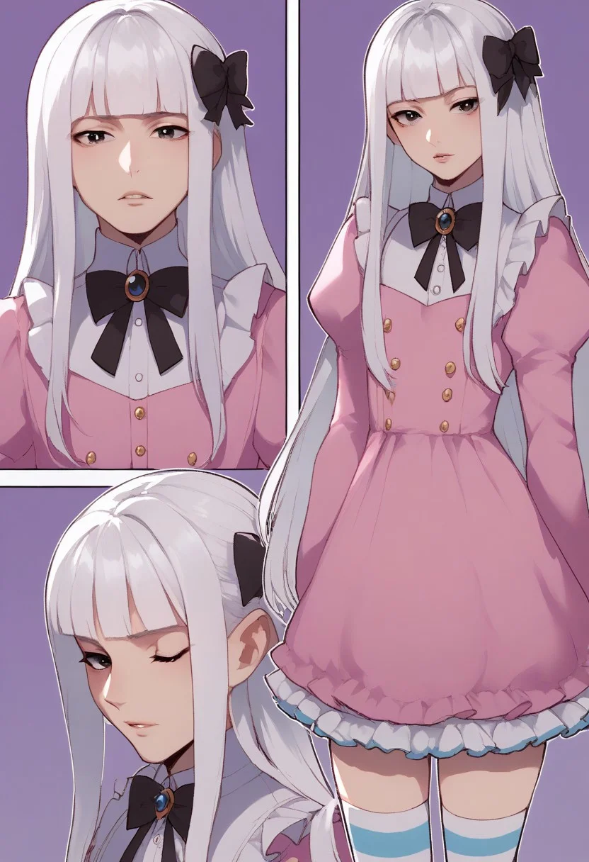 score_9, score_8_up, score_7_up, Nyantcha style, (1boy, otoko no ko:1.1), white hair, black eyes, solo, male focus, looking at viewer, long hair, long straight hair, blunt bangs, sidelocks with blunt ends., bow, black bow, blue stripes, crossdressing, dress, frilled dress, frilled thighhighs, hair bow, horizontal-striped thighhighs, pink dress, striped clothes, striped thighhighs, purple background, 3koma, (comic:1.25), (multiple views, Frame, frame focus line), expressions,