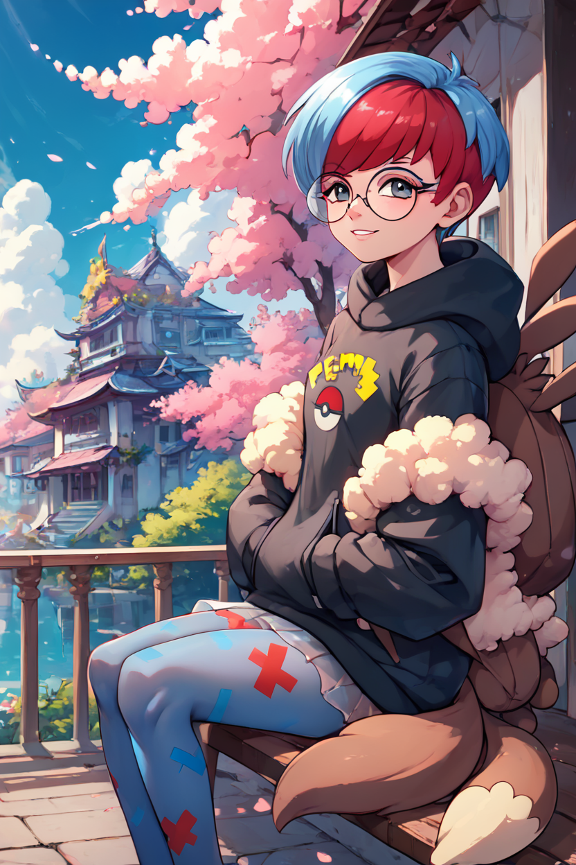 score_9, score_8_up, score_8, medium breasts, (curvy), cute, eyelashes,       ,,, , ,,, zzPenny, grey eyes, glasses, short hair, red hair, blue hair, multicolored hair, round eyewear, two-tone hair,  long sleeves, hood down, black hoodie, backpack, bag, brown bag, pantyhose,   see-through skirt,   <lora:Penny_Pokemon_PDXL:1.0>,  ,,,, BREAK, sitting on bench, side view, smile, looking at viewer, cowboy shot,  ,,, BREAK, pnkBldng, sky, day, cloud, tree, blue sky, building, architecture, east asian architecture,  ,,, BREAK, embedding:zPDXL, Expressiveh,  ,,, <lora:PinkBuildingsPDXL_v2:0.6>, <lora:SDXLFaeTastic2400:0.5>, <lora:Expressive_H-000001:0.4>