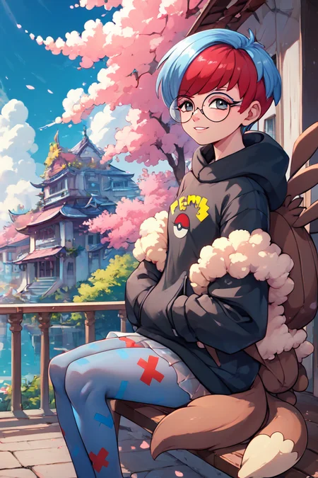 score_9, score_8_up, score_8, medium breasts, (curvy), cute, eyelashes, ,,, , ,,, zzPenny, grey eyes, glasses, short hair, red hair, blue hair, multicolored hair, round eyewear, two-tone hair, long sleeves, hood down, black hoodie, backpack, bag, brown bag, pantyhose, see-through skirt, <lora:Penny_Pokemon_PDXL:1.0>, ,,,, BREAK, sitting on bench, side view, smile, looking at viewer, cowboy shot, ,,, BREAK, pnkBldng, sky, day, cloud, tree, blue sky, building, architecture, east asian architecture, ,,, BREAK, embedding:zPDXL, Expressiveh, ,,, <lora:PinkBuildingsPDXL_v2:0.6>, <lora:SDXLFaeTastic2400:0.5>, <lora:Expressive_H-000001:0.4>
