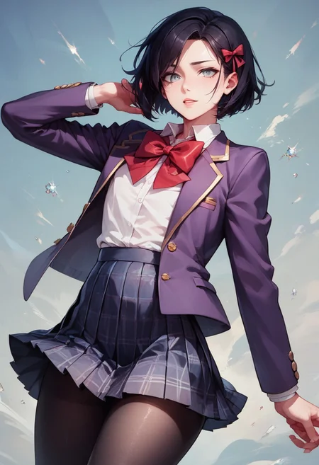 score_9, score_8_up, score_7_up, 1boy, femboy, otoko no ko, short hair, bob cut hair, black hair, grey eyes, gray eyes, feminine face, toned body, Shelly, red ribbon, school uniform, hair ribbon, bowtie, black pantyhose, white shirt, pleated skirt, plaid skirt, miniskirt, red bow, long sleeves, purple jacket, dress shirt, blazer, black skirt, highly detailed, intricate, zzCitronCAT, pose, modelshoot