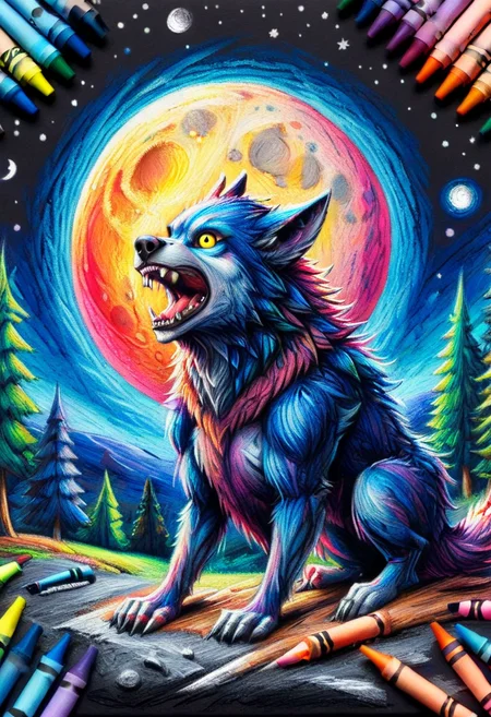 cr4y0n, colorful, crayon drawing, werewolf, full moon, night sky <lora:Colorful_Crayons:1>