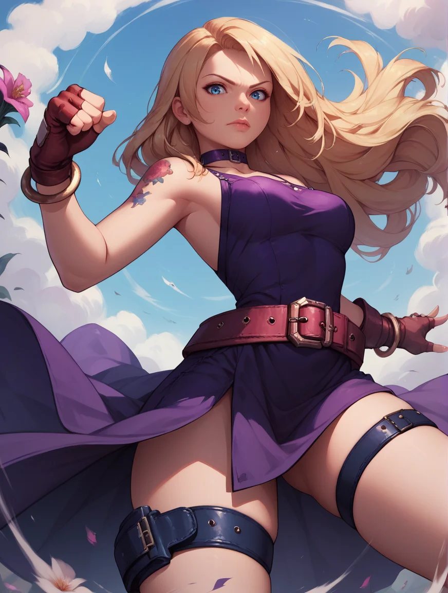 score_9, score_8_up, score_7_up,score_6_up, score_5_up, score_4_up , 1girl, solo,
jenetdg,
long hair, blonde hair, blue eyes,
gloves, choker, belt, fingerless gloves, thigh strap, purple dress,bangle, arm tattoo, flower tattoo, loose belt,
fighting stance,
from below,
looking at viewer,
<lora:Jenet DG (PonyXL) v01-000003:0.90>
