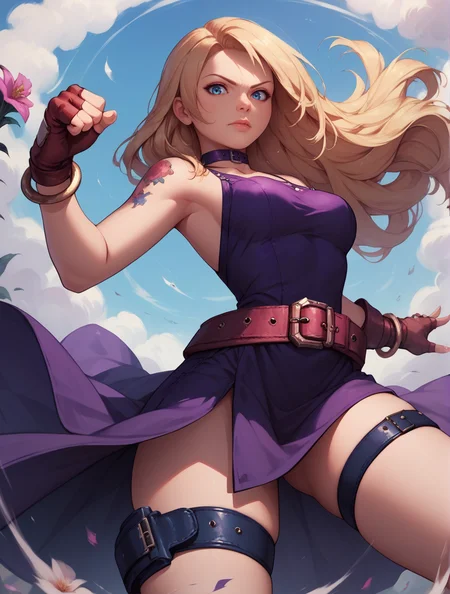 score_9, score_8_up, score_7_up,score_6_up, score_5_up, score_4_up , 1girl, solo, 
jenetdg,
long hair, blonde hair, blue eyes, 
gloves, choker, belt, fingerless gloves, thigh strap, purple dress,bangle, arm tattoo, flower tattoo, loose belt,
fighting stance, 
from below,
looking at viewer, 
 <lora:Jenet DG (PonyXL) v01-000003:0.90>