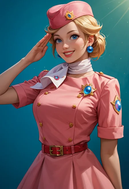 score_9, score_8_up, score_7_up, score_6_up, st3w4rd3ss, solo, pink clothing, princess peach, blonde hair, contrapposto,  earrings,pink garrison cap, formal, single hair bun, salute, [white scarf], woman, happy,  red belt, short sleeves, looking at viewer, <lora:RSO-42-PDXL:0.8>