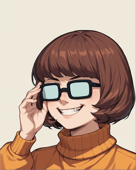 score_9, score_8_up, score_7_up, source_cartoon BREAK 1girls, velma dinkley, brown hair, short hair, opaque glasses, close up, simple background, turtleneck, hand on eyewear, grin, evil glint, <lora:Opaque_glasses_r1:1>, rating_questionable