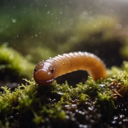 ambience, mist, humid, macro photography of worm crawling on wet soil with small details of moss scattered around, cinematic
