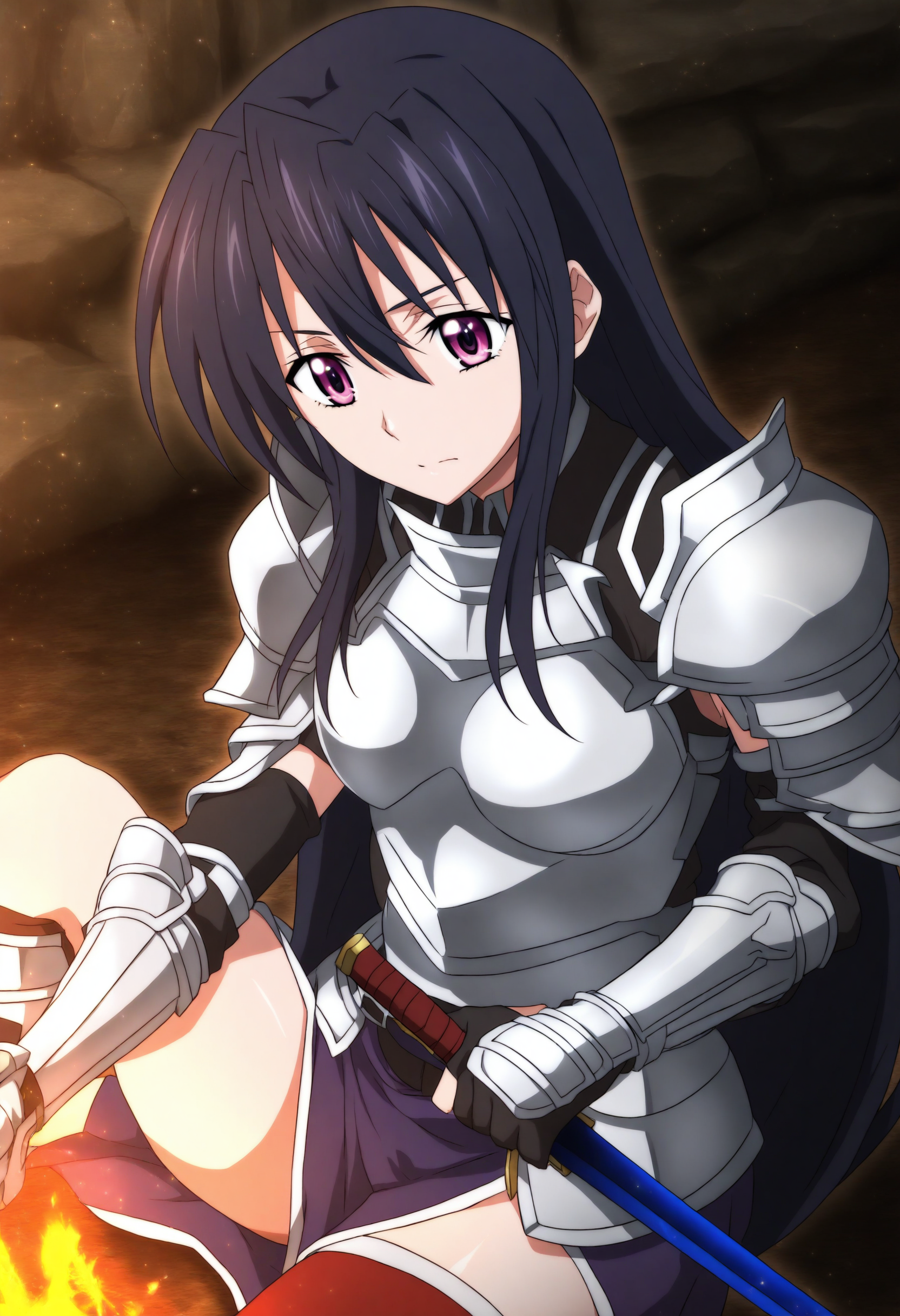 <lora:Akeno Himejima - [High School DxD] - illustriousXL v1:1>, sysdeep_akeno, black hair, Purple eyes, armored warrior, sitting, by a campfire, sharpening a sword, under the stars